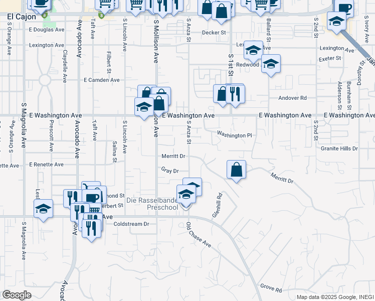 map of restaurants, bars, coffee shops, grocery stores, and more near 842 South Anza Street in El Cajon