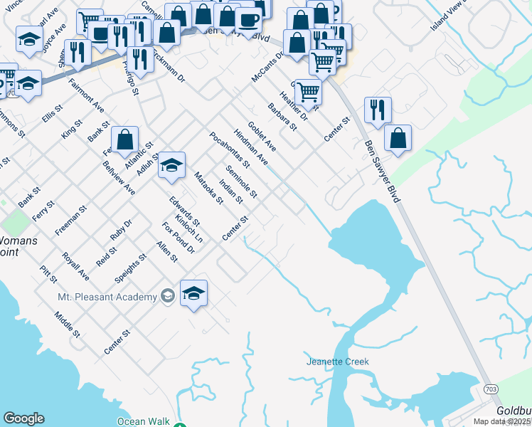 map of restaurants, bars, coffee shops, grocery stores, and more near 813 Marsh Grove Avenue in Mount Pleasant