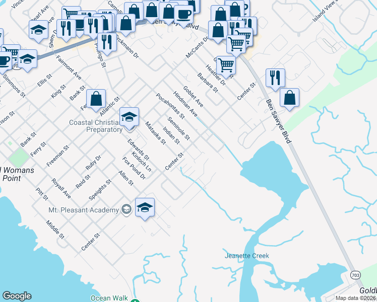 map of restaurants, bars, coffee shops, grocery stores, and more near 752 Center Street in Mount Pleasant
