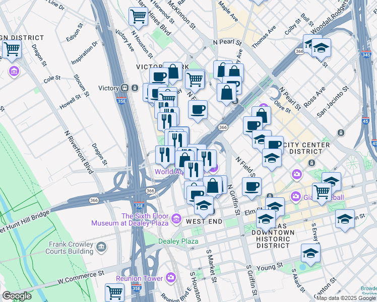 map of restaurants, bars, coffee shops, grocery stores, and more near 2301 Laws Street in Dallas