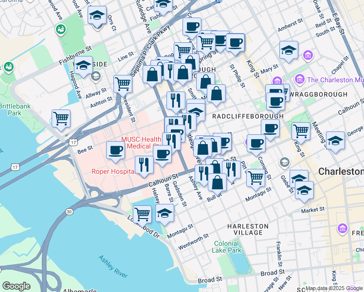 map of restaurants, bars, coffee shops, grocery stores, and more near Vanderhorst Street in Charleston