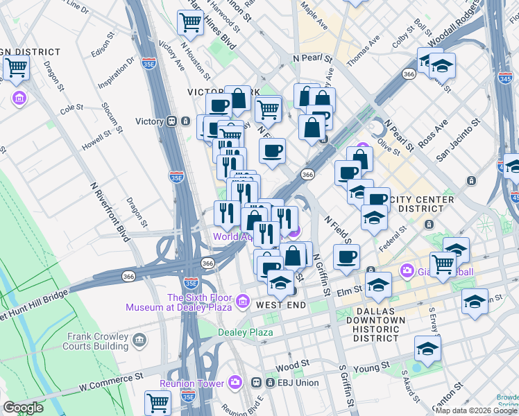 map of restaurants, bars, coffee shops, grocery stores, and more near Broom Street in Dallas