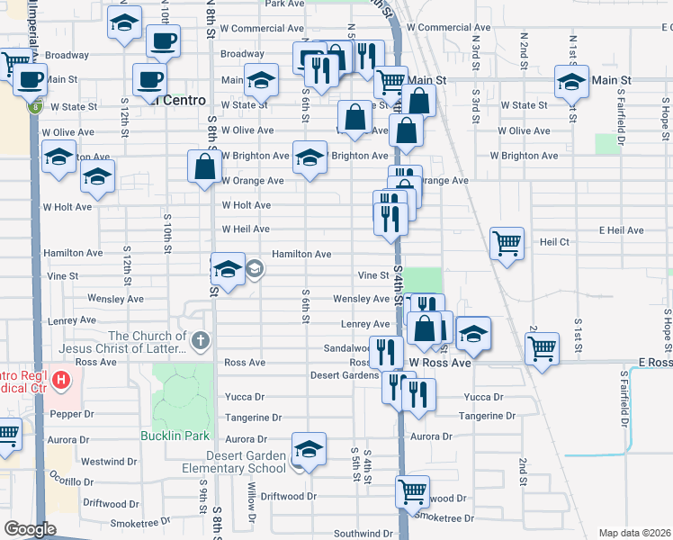 map of restaurants, bars, coffee shops, grocery stores, and more near 534 Vine Street in El Centro