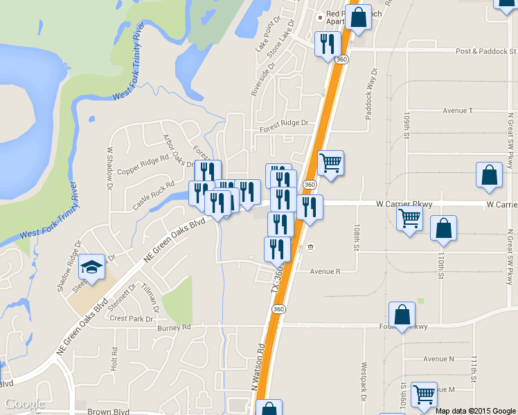 map of restaurants, bars, coffee shops, grocery stores, and more near 2822 NE Green Oaks Blvd in Arlington