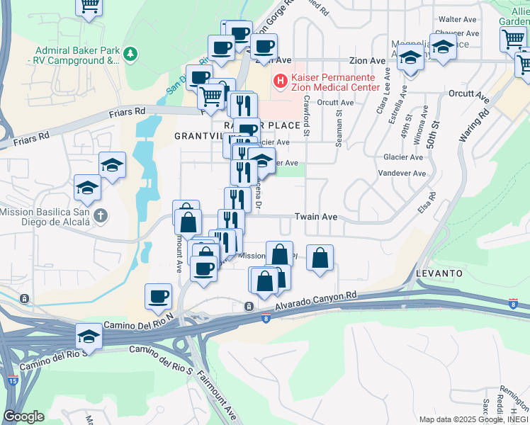 map of restaurants, bars, coffee shops, grocery stores, and more near 4560 Twain Avenue in San Diego