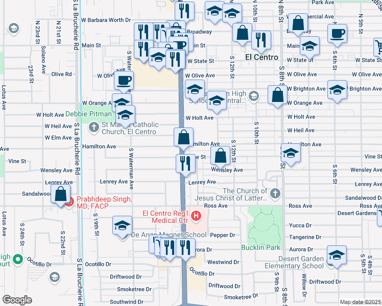 map of restaurants, bars, coffee shops, grocery stores, and more near 1485 Hamilton Avenue in El Centro