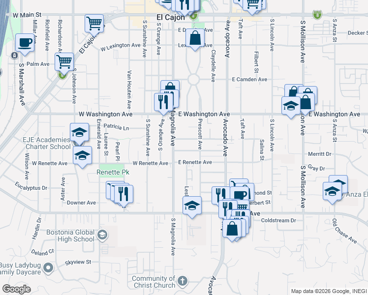 map of restaurants, bars, coffee shops, grocery stores, and more near 163 Lindell Avenue in El Cajon