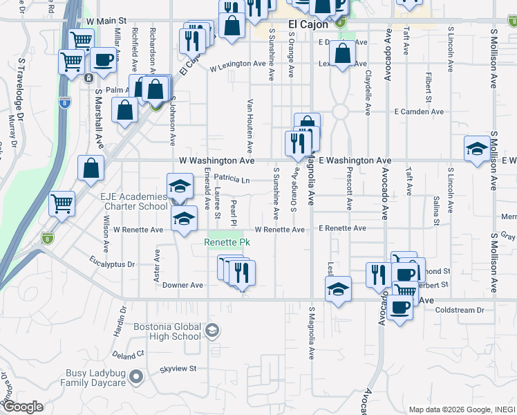 map of restaurants, bars, coffee shops, grocery stores, and more near 341 Sandy Street in El Cajon