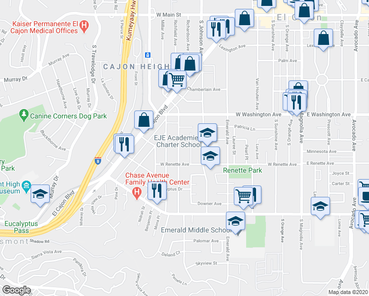 map of restaurants, bars, coffee shops, grocery stores, and more near 805 Lemon Avenue in El Cajon