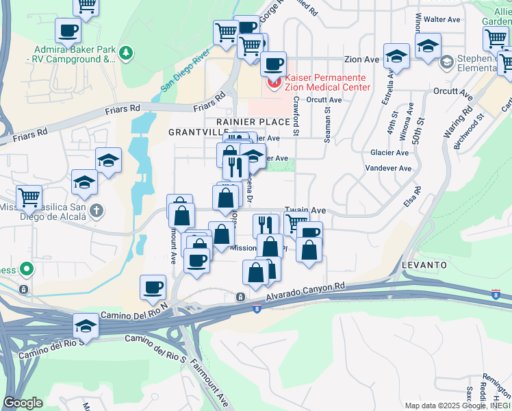 map of restaurants, bars, coffee shops, grocery stores, and more near 6117 Decena Drive in San Diego