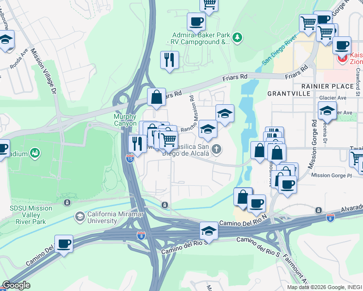 map of restaurants, bars, coffee shops, grocery stores, and more near 6191 Rancho Mission Road in San Diego