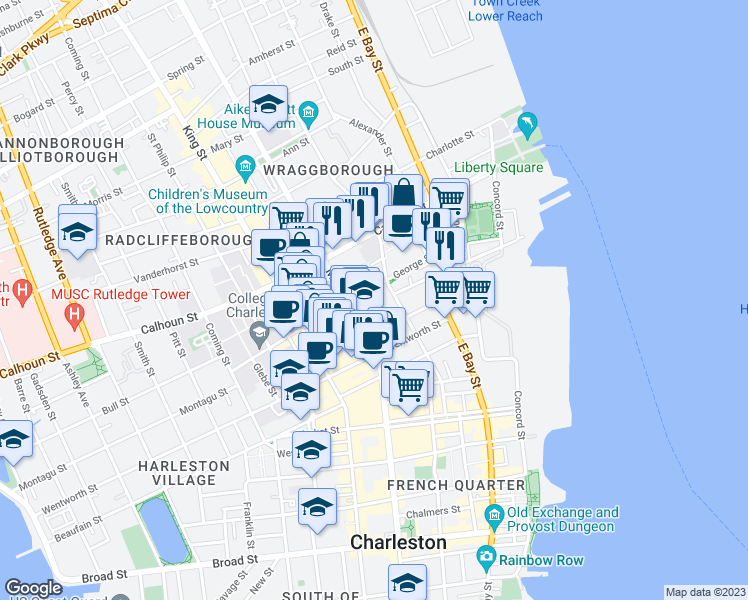 map of restaurants, bars, coffee shops, grocery stores, and more near 9 George Street in Charleston
