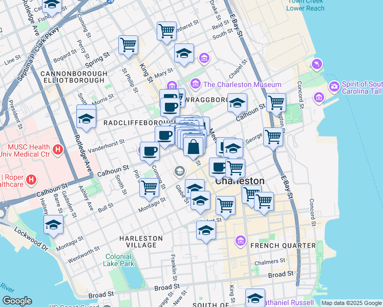 map of restaurants, bars, coffee shops, grocery stores, and more near 145B Calhoun Street in Charleston