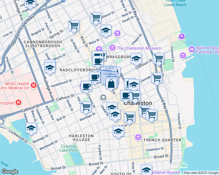 map of restaurants, bars, coffee shops, grocery stores, and more near 145B Calhoun Street in Charleston