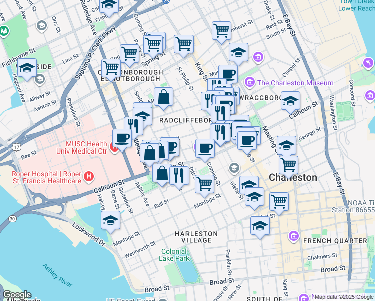 map of restaurants, bars, coffee shops, grocery stores, and more near 20 Duncan Street in Charleston