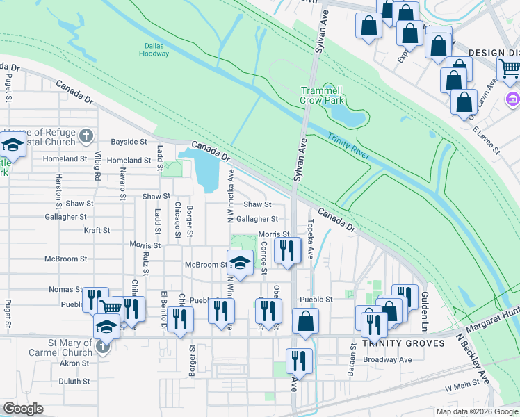 map of restaurants, bars, coffee shops, grocery stores, and more near 1005 Buck Bowman Circle in Dallas