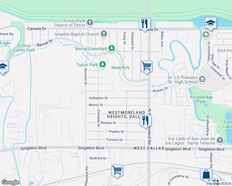 map of restaurants, bars, coffee shops, grocery stores, and more near 3607 Bickers Street in Dallas