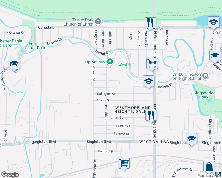 map of restaurants, bars, coffee shops, grocery stores, and more near 3639 Bickers Street in Dallas