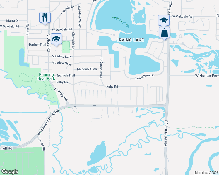 map of restaurants, bars, coffee shops, grocery stores, and more near 2140 Meandering Drive in Irving