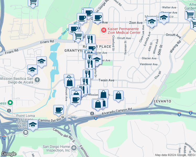 map of restaurants, bars, coffee shops, grocery stores, and more near 4562 Twain Avenue in San Diego