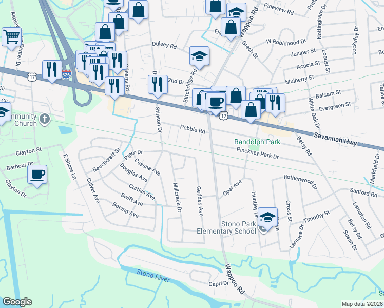 map of restaurants, bars, coffee shops, grocery stores, and more near 1826 Piper Drive in Charleston