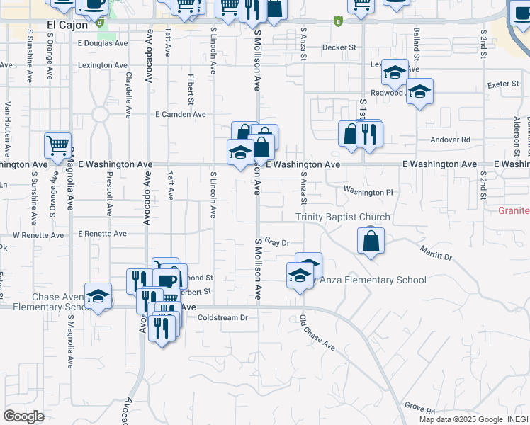 map of restaurants, bars, coffee shops, grocery stores, and more near 851 South Mollison Avenue in El Cajon