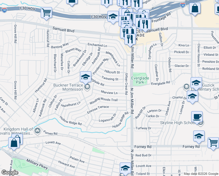 map of restaurants, bars, coffee shops, grocery stores, and more near 5727 Everglade Road in Dallas