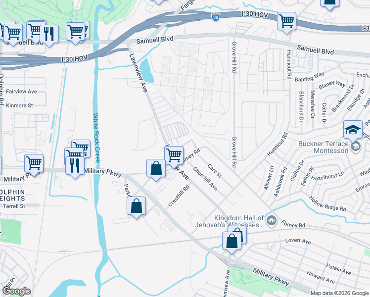 map of restaurants, bars, coffee shops, grocery stores, and more near 5520 La Barba Circle in Dallas