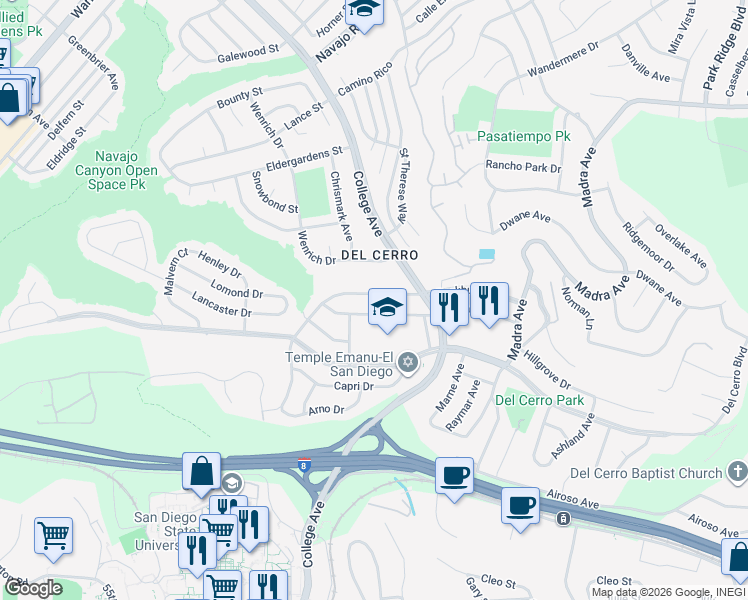 map of restaurants, bars, coffee shops, grocery stores, and more near 6248 Rockhurst Drive in San Diego