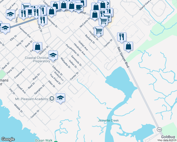 map of restaurants, bars, coffee shops, grocery stores, and more near 813 Marsh Grove Avenue in Mount Pleasant