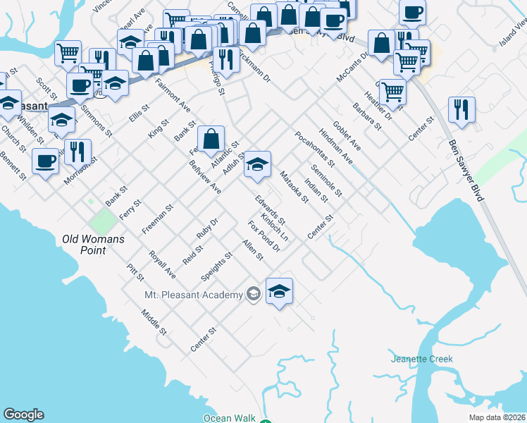 map of restaurants, bars, coffee shops, grocery stores, and more near 645 Fox Pond Drive in Mount Pleasant