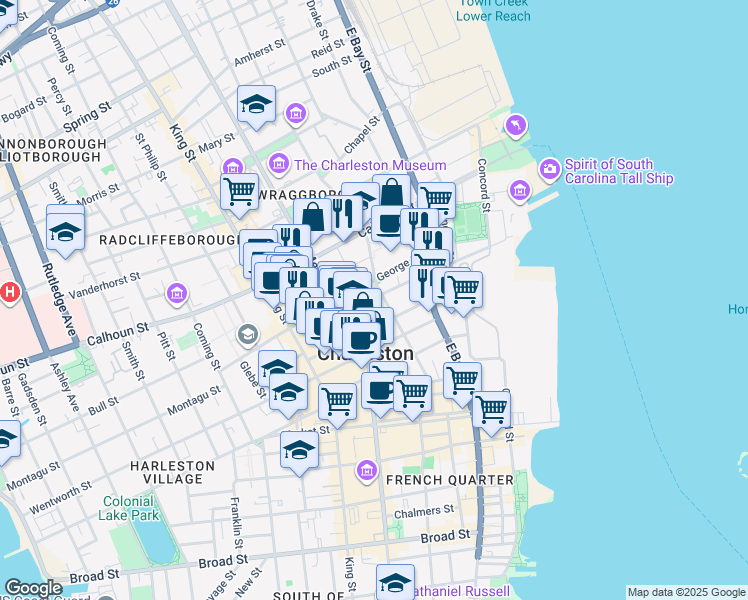 map of restaurants, bars, coffee shops, grocery stores, and more near 73 Anson Street in Charleston