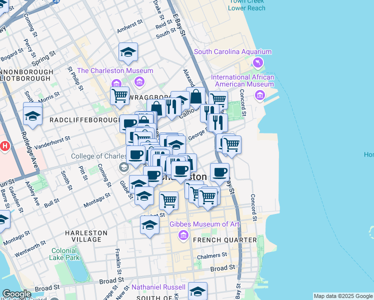 map of restaurants, bars, coffee shops, grocery stores, and more near 73 Anson Street in Charleston