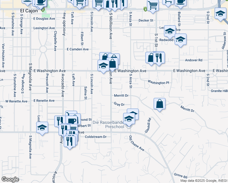 map of restaurants, bars, coffee shops, grocery stores, and more near 851 South Mollison Avenue in El Cajon