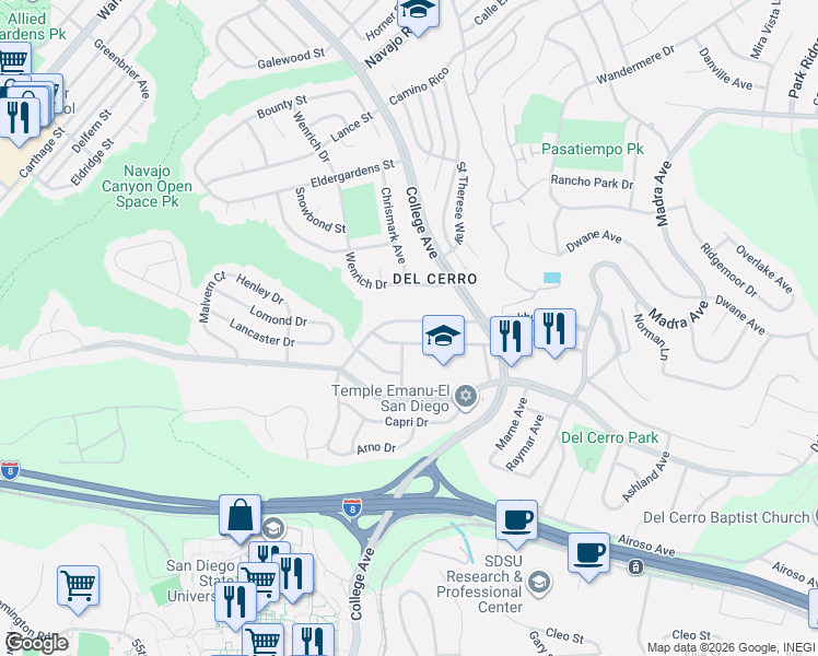 map of restaurants, bars, coffee shops, grocery stores, and more near 6202 Rockhurst Drive in San Diego