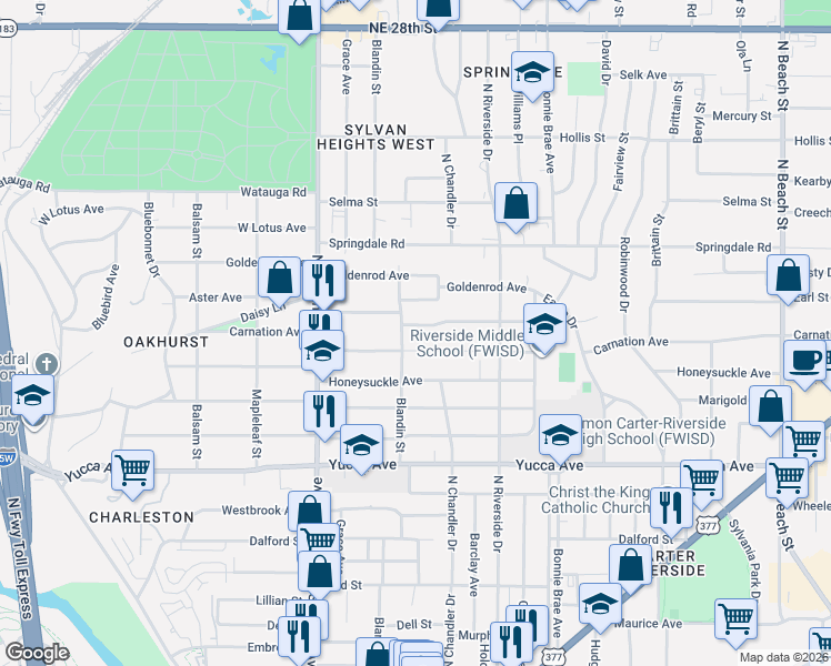 map of restaurants, bars, coffee shops, grocery stores, and more near 2805 Aster Avenue in Fort Worth