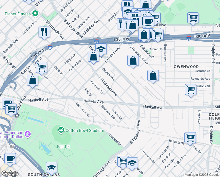 map of restaurants, bars, coffee shops, grocery stores, and more near South Fitzhugh Avenue in Dallas