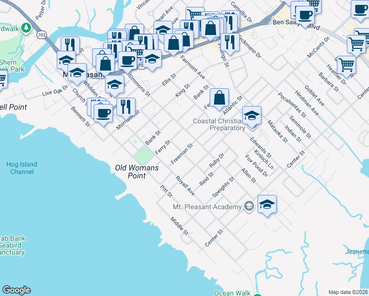 map of restaurants, bars, coffee shops, grocery stores, and more near 216 Freeman Street in Mount Pleasant