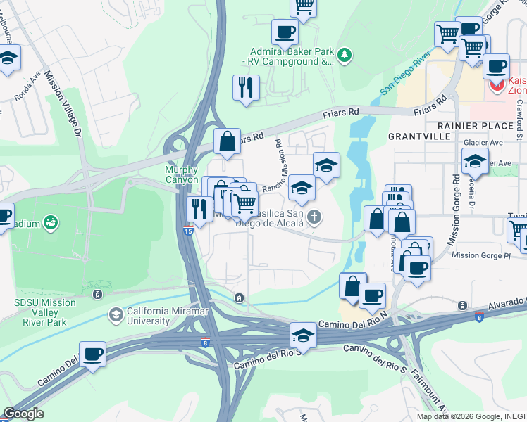 map of restaurants, bars, coffee shops, grocery stores, and more near 6191 Rancho Mission Road in San Diego