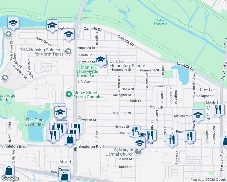 map of restaurants, bars, coffee shops, grocery stores, and more near 1930 Shaw Street in Dallas