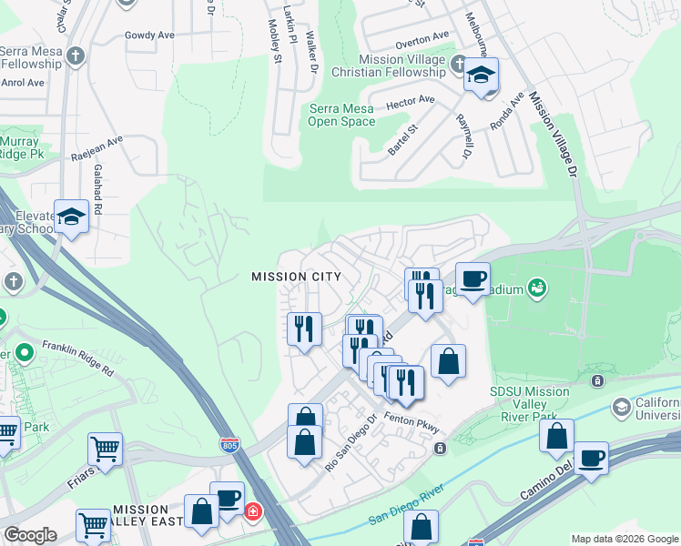 map of restaurants, bars, coffee shops, grocery stores, and more near 2633 Prato Lane in San Diego