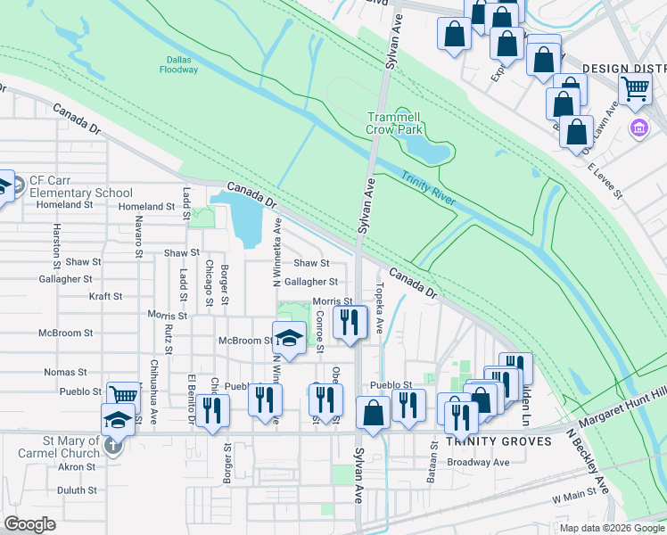 map of restaurants, bars, coffee shops, grocery stores, and more near 826 Shaw Street in Dallas