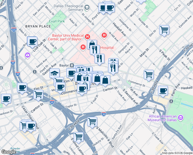 map of restaurants, bars, coffee shops, grocery stores, and more near 3131 Main Street in Dallas