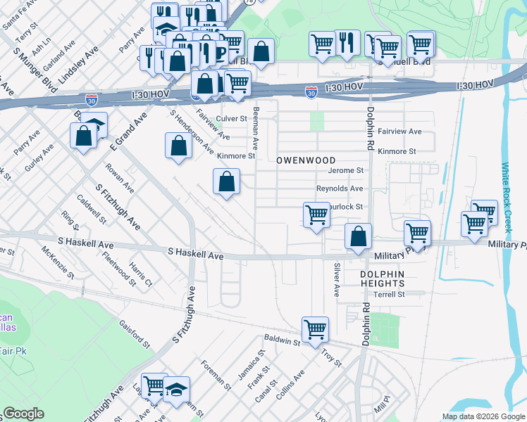 map of restaurants, bars, coffee shops, grocery stores, and more near 2910 Spurlock Street in Dallas