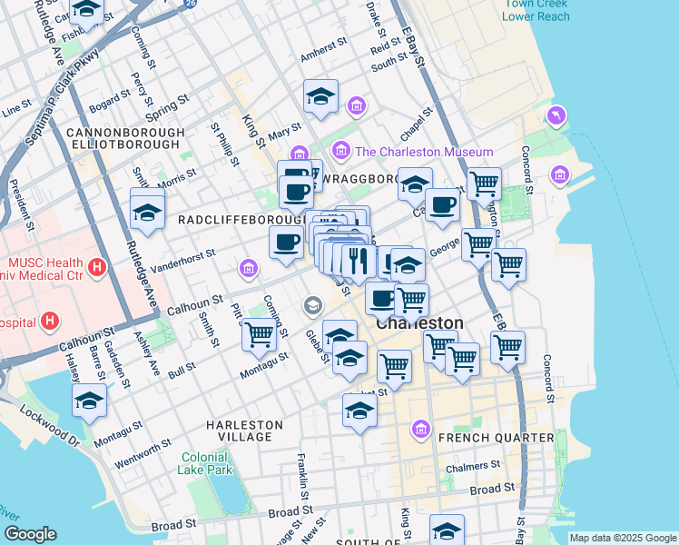 map of restaurants, bars, coffee shops, grocery stores, and more near 19 Burns Lane in Charleston