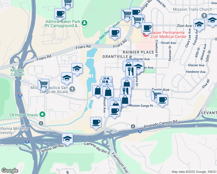 map of restaurants, bars, coffee shops, grocery stores, and more near 6127 Fairmount Avenue in San Diego
