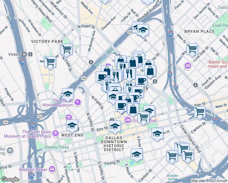 map of restaurants, bars, coffee shops, grocery stores, and more near 1707 San Jacinto Street in Dallas