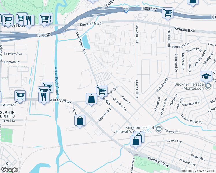 map of restaurants, bars, coffee shops, grocery stores, and more near 5520 La Barba Circle in Dallas