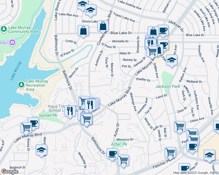 map of restaurants, bars, coffee shops, grocery stores, and more near 7845 Tanglerod Lane in La Mesa