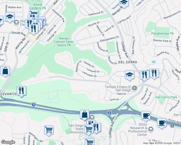 map of restaurants, bars, coffee shops, grocery stores, and more near 5911 Lomond Drive in San Diego